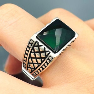 Men&#39;s Green Zircon Stone Ring, Turkish Handmade Ring, Rectangle Stone Ring, Mens Jewelry, Ottoman Style Ring, 925 Sterling Silver,Gifts Ring