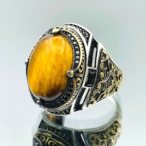 Natural Tigers Eye Stone Men&#39;s Silver Ring, Ottoman Style Turkish Handmade Ring, 925 Sterling Silver, Oval Topaz Cut Ring, Gift For Him