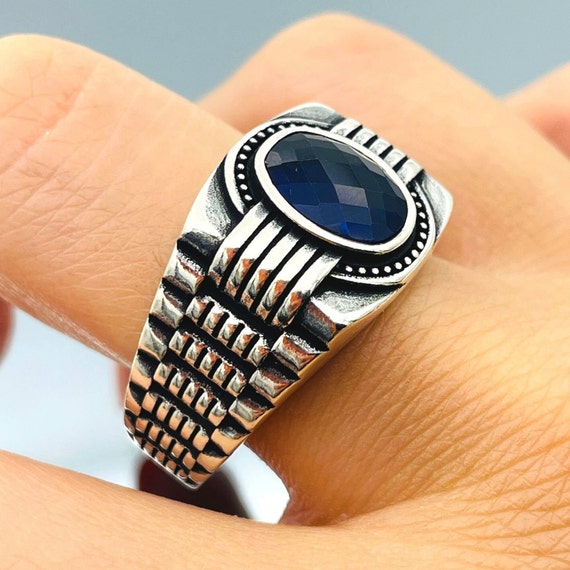 Blue Zircon Stone Men's Ring: 925 Sterling Silver, Modern