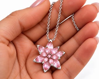 Pink Quartz Floral Necklace, Layered Twelve-Petal Lotus Pendant in Polished 925 Sterling Silver