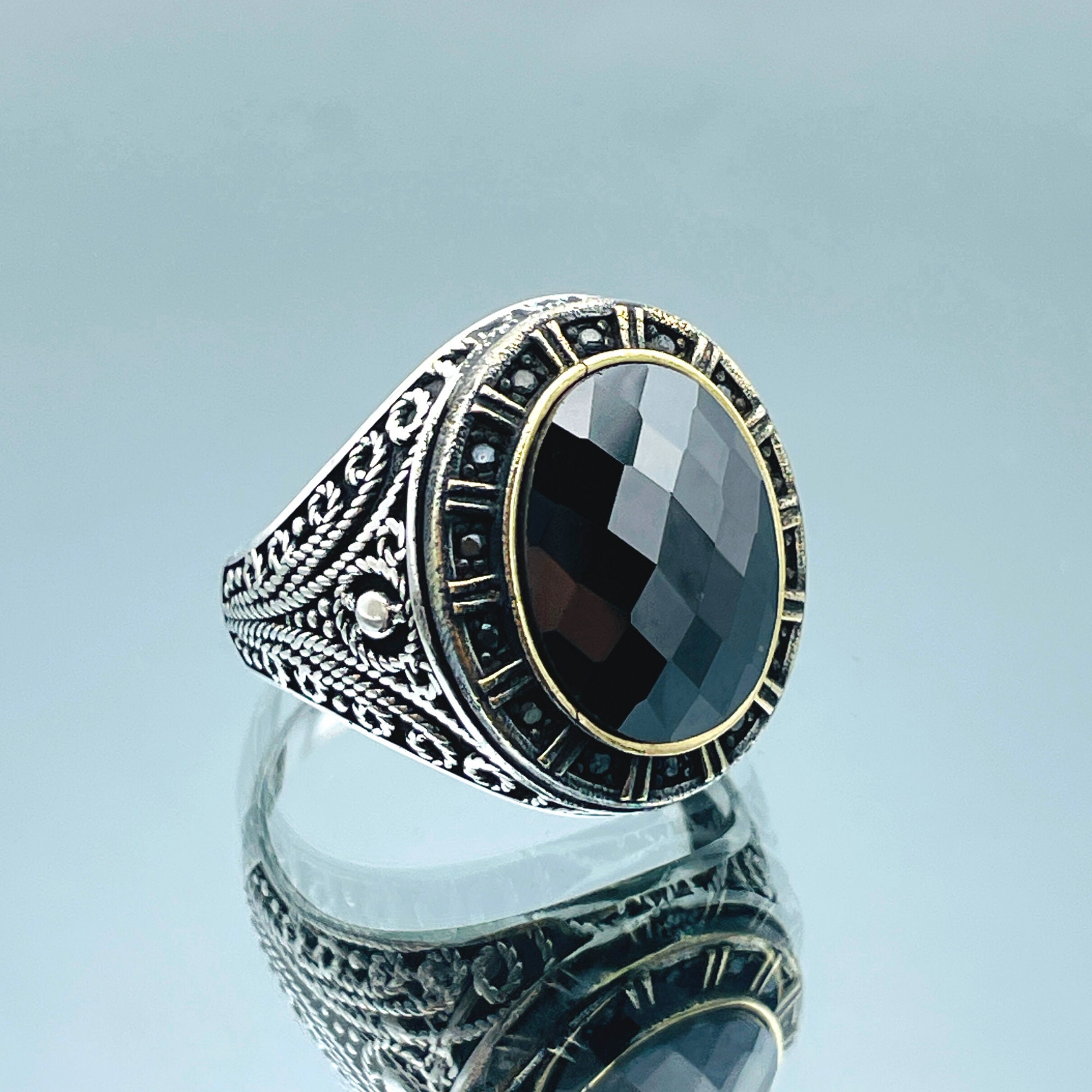 Solid 925 Sterling Silver Men's Ring - Black Zircon Ottoman Sultan Tughra Design, Size 9, Made In Turkey, Gift Box
