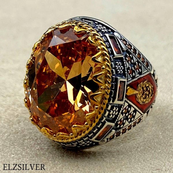 Herrenring mit Citrinstein, türkischer handgefertigter Silberring, orangefarbener Steinring, osmanischer Ring, 925er Sterlingsilber, Silberschmuck, Geschenkring