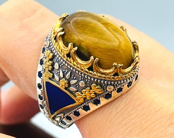 Anillo de ojo de tigre para hombre: Otomano hecho a mano en plata de ley 925