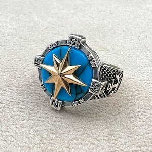 Men&#39;s Handmade Turquoise Stone Silver Ring, Anchor Ring, Sailor Ring, Compass Ring, 925 Sterling Silver Ring, Authentic Ring, Gift for Him
