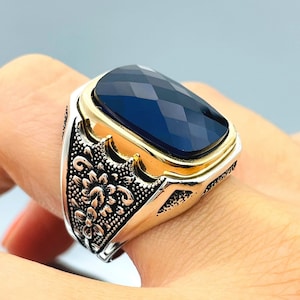 Zircon Ring Mens, Blue Stone Ring, Handmade Silver Ring, Elegant Silver Ring, 925 Sterling Silver, Gift Him, Gift Birthday, Gift For Father