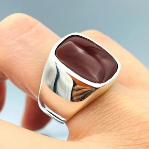 Mens Dark Red Agate Stone Silver Ring, Yemeni Aqeeq Stone Ring, Square Stone Ring, Turkish Handmade Unisex Ring, 925k Solid Silver Ring