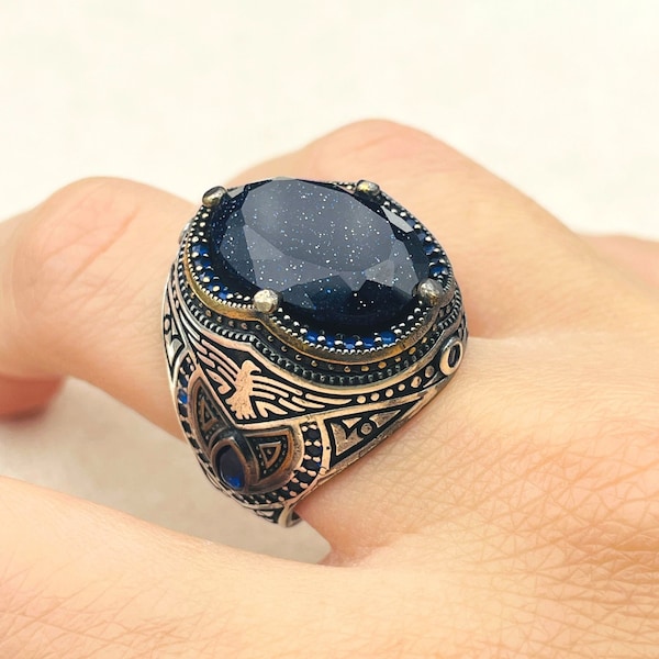 Blue Galaxy Sandstone Ring Mens, Turkish Handmade Silver Ring, Eagle Detailed Ring,Ottoman Ring,925 Sterling Silver,Mens Jewerly,Gift Ring