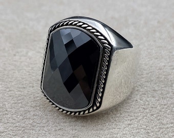 Handmade 925 Silver Men's Ring: Black Cubic Zirconia Stone