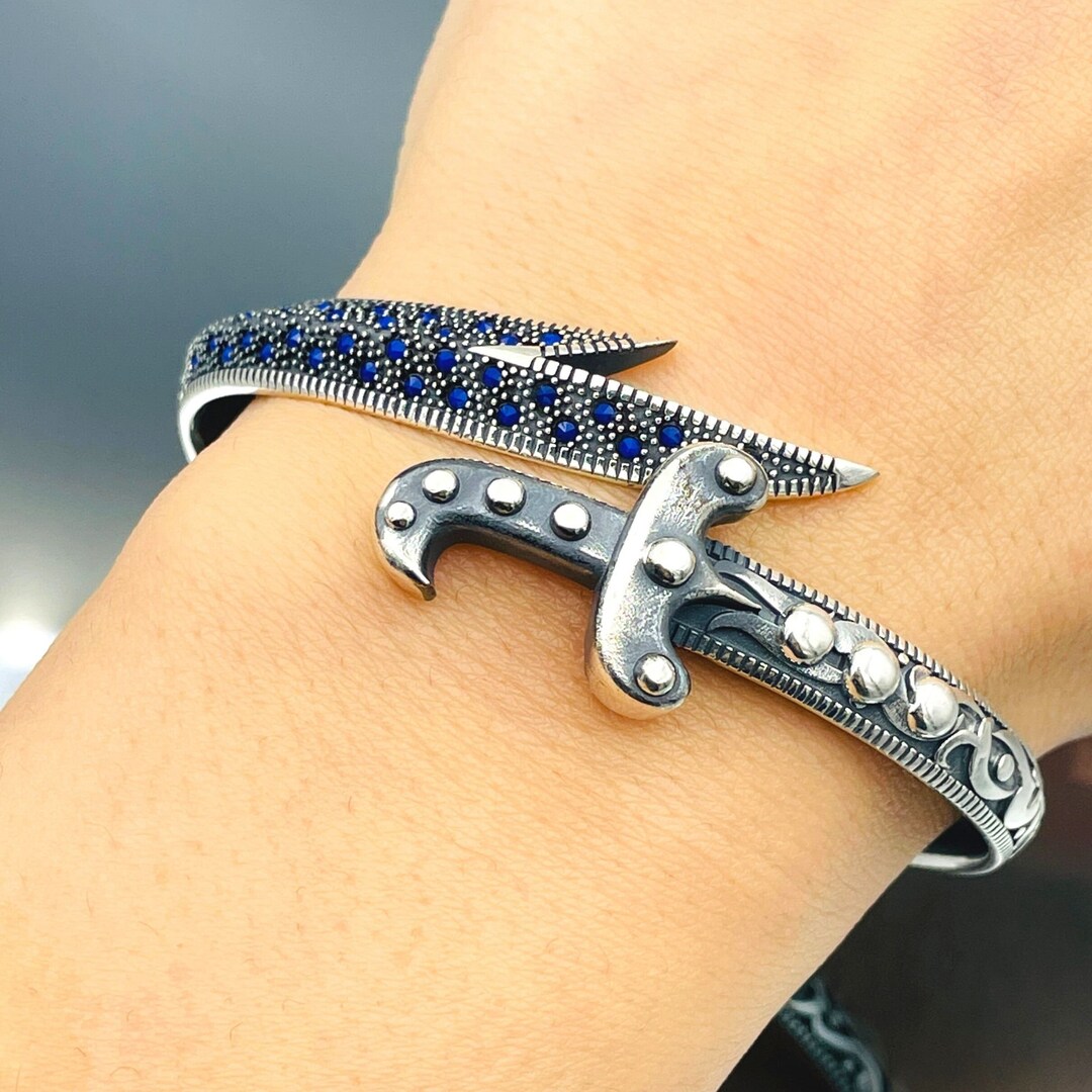 Sapphire Stone Zulfiqar Sword Cuff Bracelet, Handmade 925 Sterling