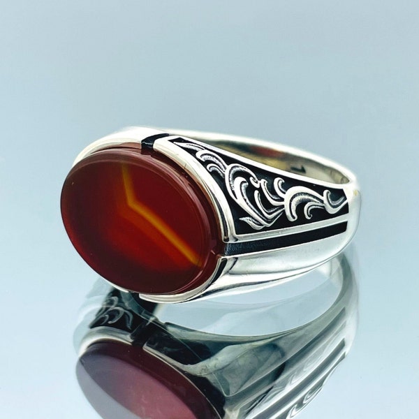 Aqeeq Ring Mens, Dark Red Stone Ring, Handmade Silver Ring, Embroidered Silver Ring, 925 Sterling Silver, Mens Jewelry, Agate Gift Jewelry