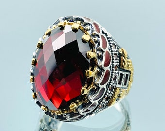Men's Ruby Red Stone Ring: Ottoman 925 Sterling Silver