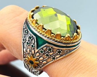 Peridot Sterling Silver Ring, Ottoman Style, Handmade Mens Jewelry