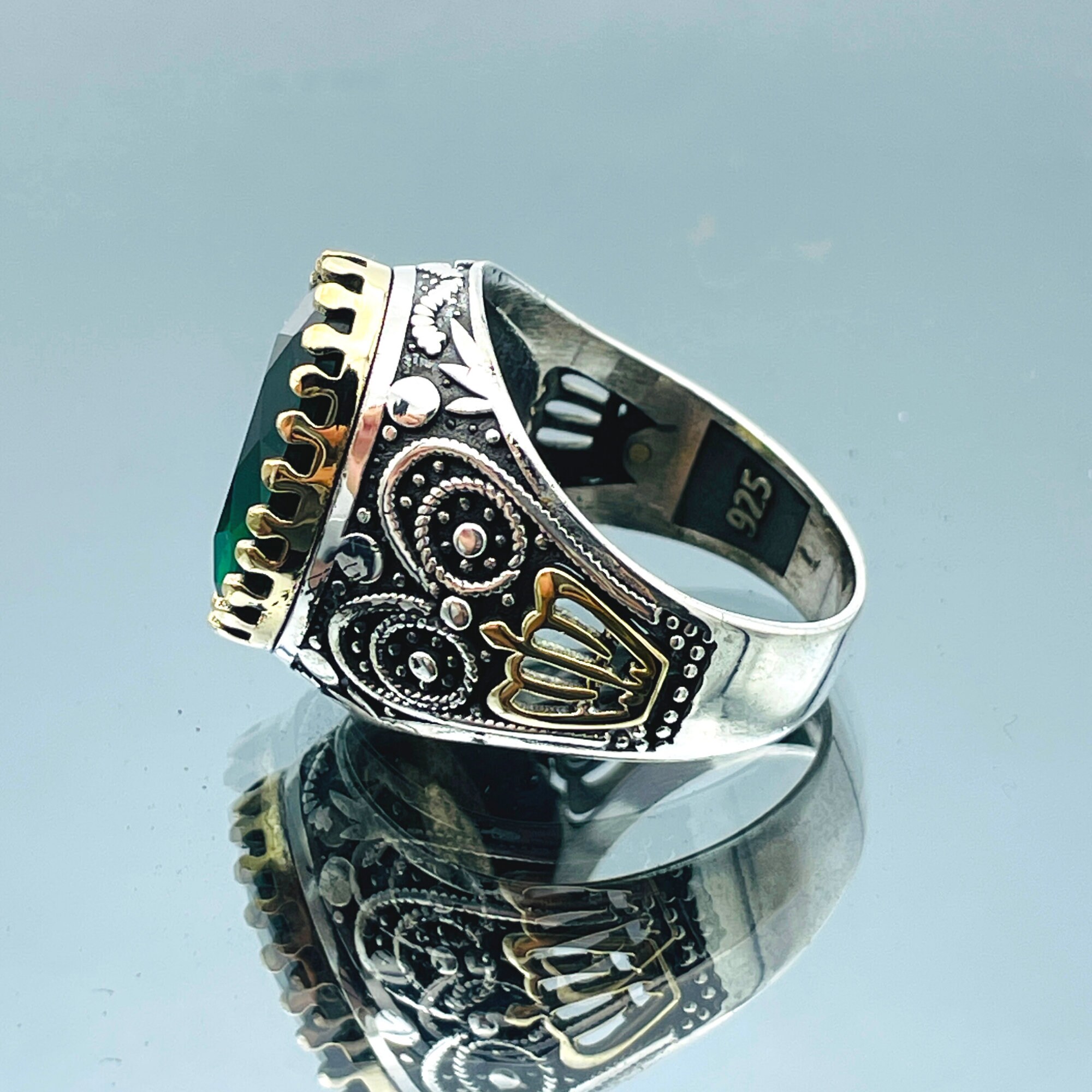 KAR Sterling Silver Men's Ring - Emerald Agate Stone, Coat Of Arms Design (925K Stamped) - View #9