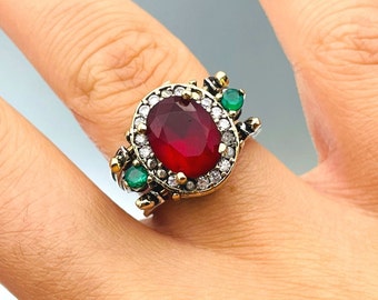 Reversible Sterling Silver Ring: Ottoman Ruby, Emerald, Two-in-One Design