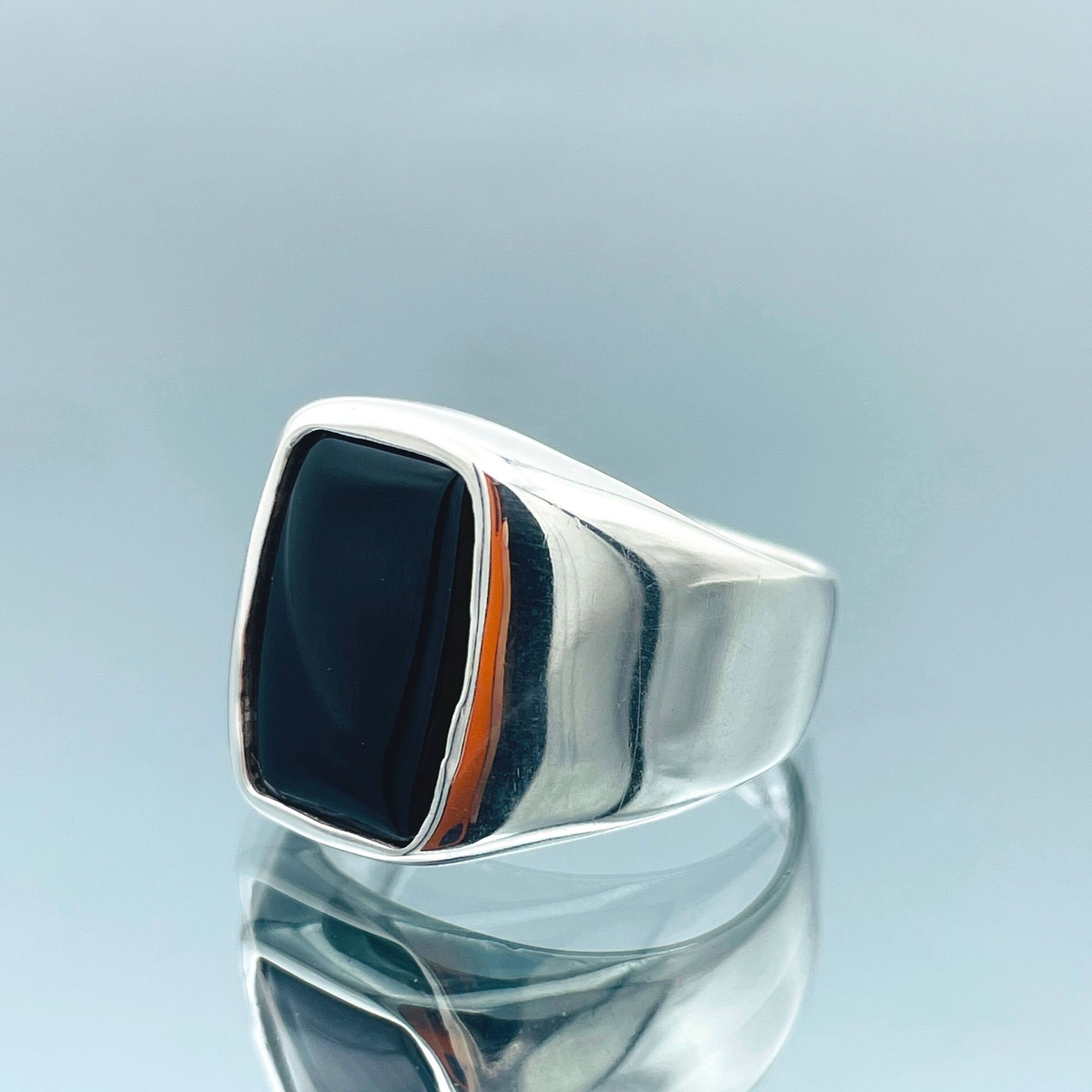 Men’s Solid 925 Sterling Silver Ring With Black Onyx – Rectangle Flat Stone, Size 12, Gift Box Included