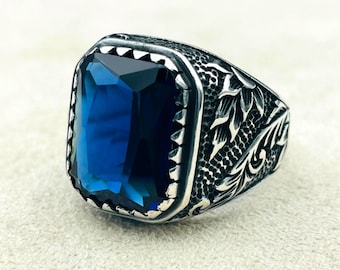 Sapphire Ring Men, Blue Sapphire Square Gemstone Handmade Silver Ring, Leaf Detailed Elegant Ring, 925 Sterling Silver Ring, Gift For Him