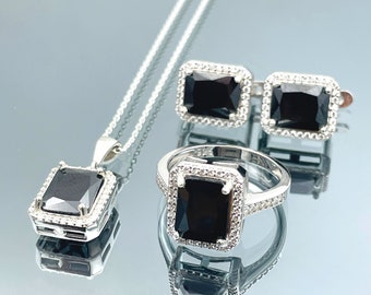 Handmade Sterling Silver Onyx Set: Baguette Stone Jewelry