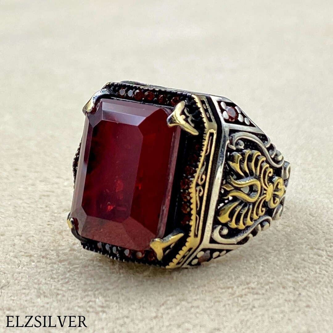 Mens Paraiba Stone Silver Ring, Red Gemstone Ring, Ottoman Ring ...