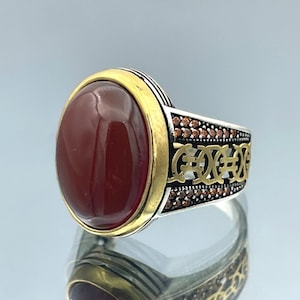 Yemeni Aqeeq Ring, Mens Silver Ring, 925 Sterling Silver, Handmade Silver, Yemeni Stone Ring, Red Agate Stone Ring, Gift Ring, Ottoman Ring