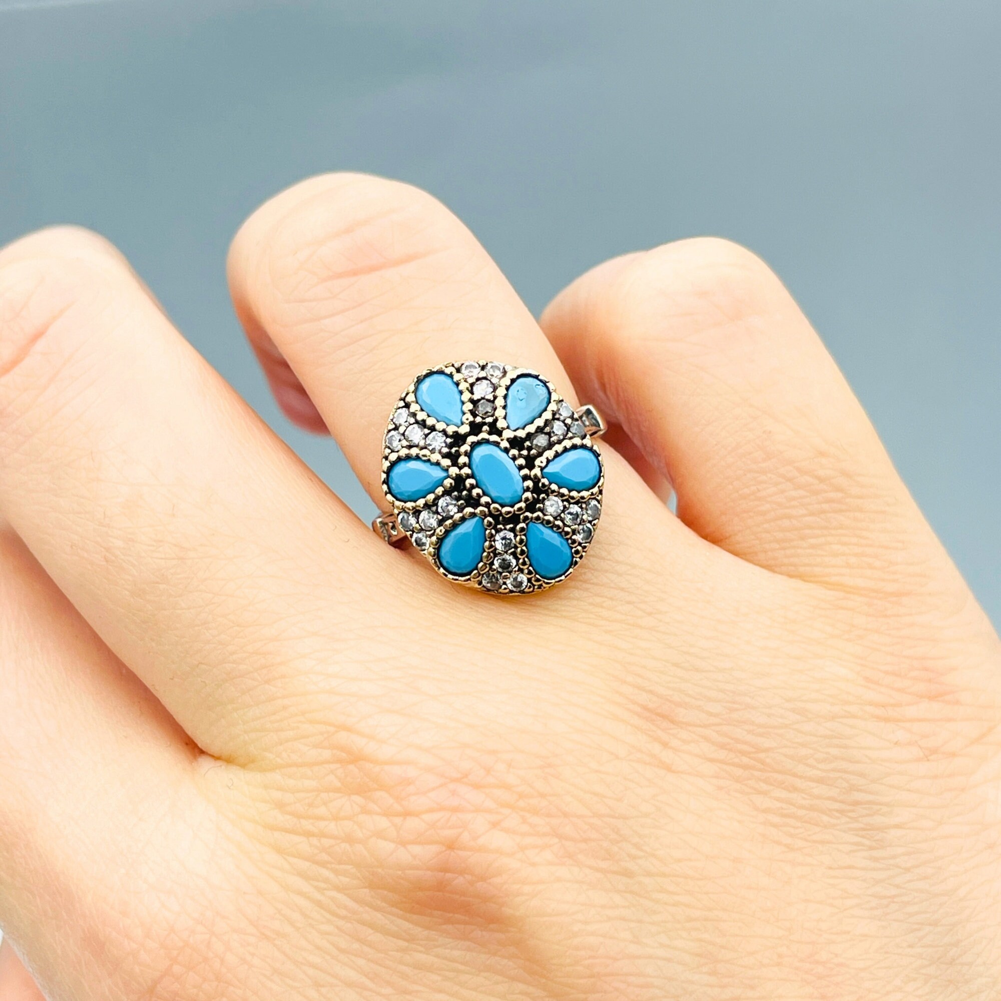 Handmade Turquoise Flower Ring: 925 Sterling Silver Ladies Ring - Etsy