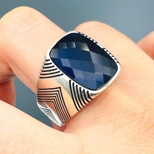 Mens Blue Zircon Square Stone Ring, Turkish Handmade Ring, 925 Sterling Silver Ring, Direction Detailed Ring, Mens Jewelry, Gift For Him