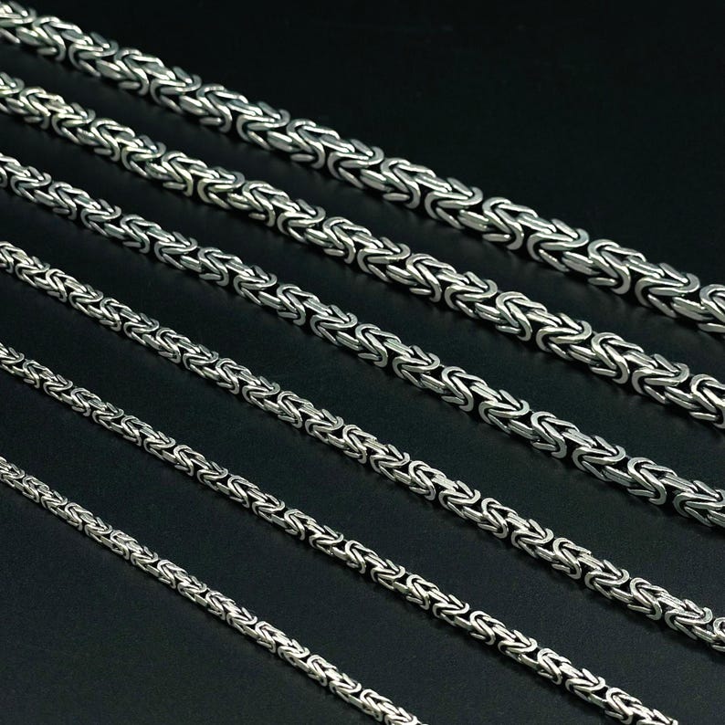 May include: Five silver chains of varying lengths and widths, all featuring a classic box chain design.