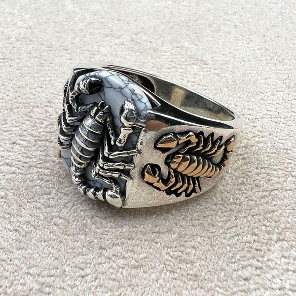 Mens Scorpion Ring, White Turquoise Stone Mens Ring, Handmade Silver Ring, Scorpion Ring, Statement Mens Ring, Animal Mens Ring, Gift Ring