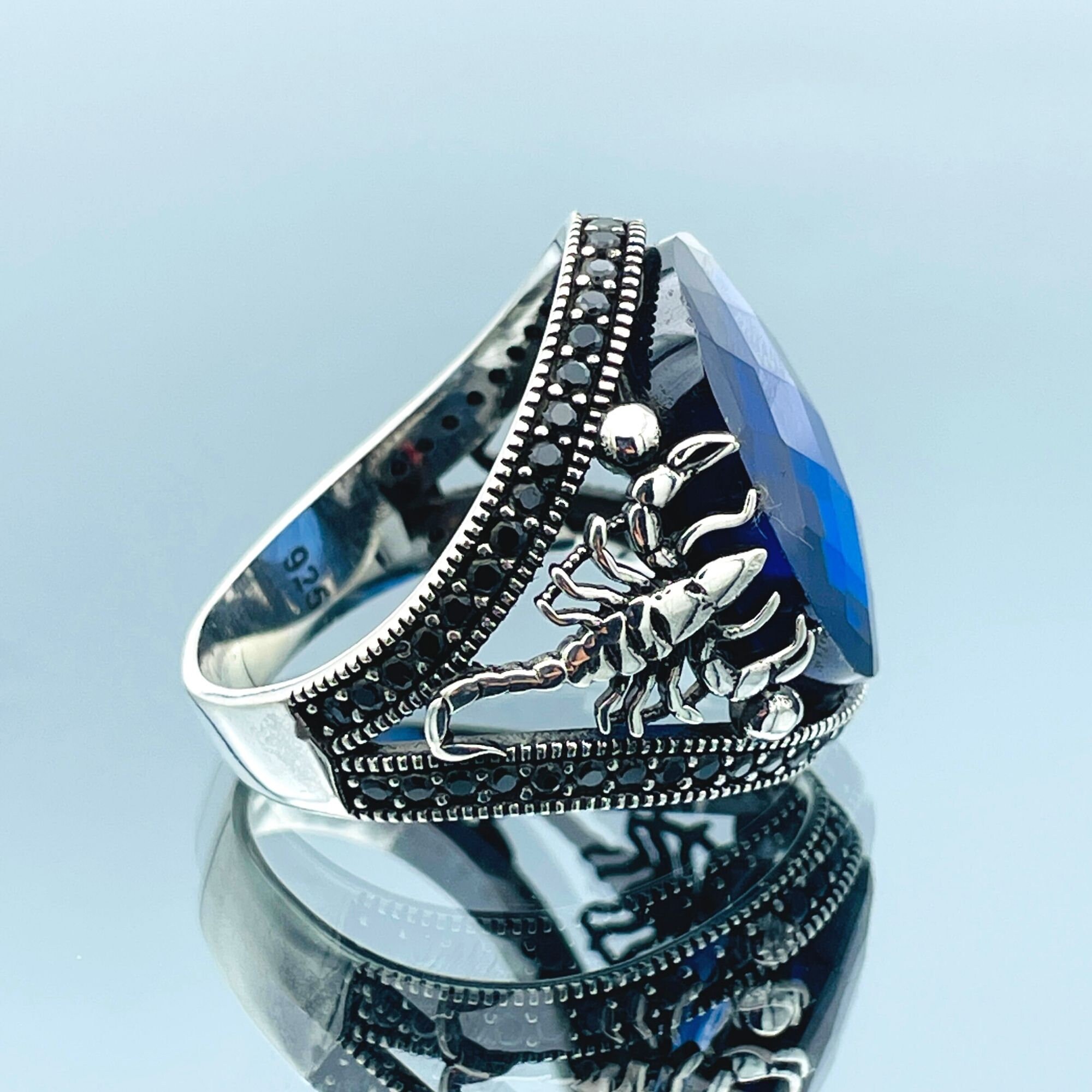 Blue Zircon Stone Mens Ring, Scorpion Figured Ring, Turkish