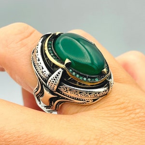 Men&#39;s Green Agate Stone Handmade Silver Ring, Ottoman Design Green Agate Ring, Mens Handmade Jewelry, Turkish Silver Design, Gift for Him