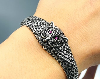 Sterling Silber Eule Armreif: Handgemachtes Tier Design