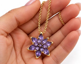 February Lavender Amethyst Necklace, Layered Lotus Pendant in 14K Gold Plated 925 Sterling Silver
