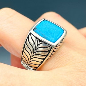 Blue Turquoise Squared Stone Mens Ring, Turkish Handmade Ring, 925k Sterling Silver Ring, Ottoman Stlye Ring, Mens Jewelry, Gift for Him