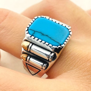 Men&#39;s Turquoise Stone Silver Ring, Handmade Jewelry Men, Bullet Ring Man, 925K Sterling Silver,  Blue Stone Ring, Unique Ring, Gift For Him