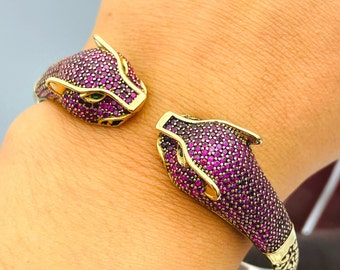 Tiger Model Pink Ruby Stone Silver Bracelet, Ottoman Style Turkish Handmade Bracelet, Bangle Cuff, Animal Bracelet, 925 Sterling Silver