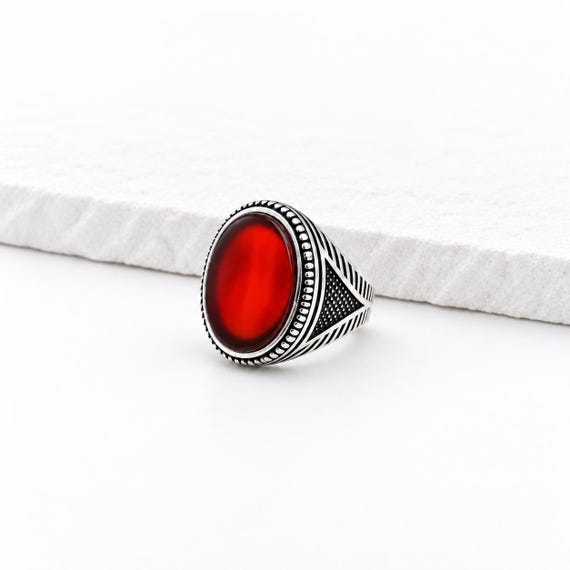 Men's Red Agate Ring, 925 Sterling Silver, Chevron Engraved Band