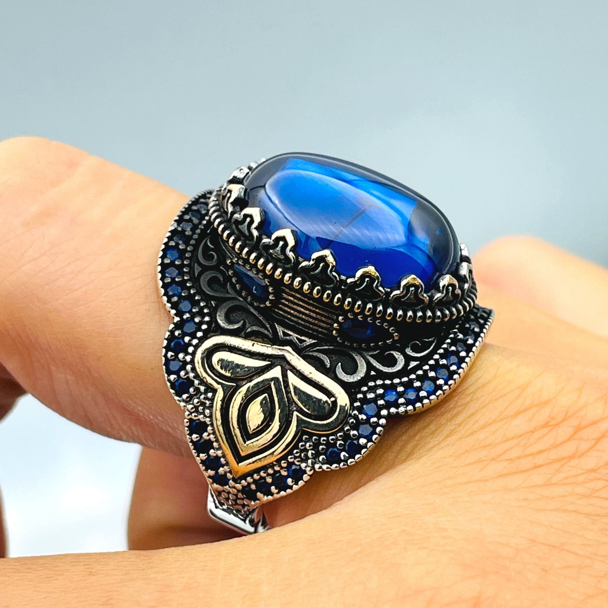 指輪・リング Hand made Blue Agate ring Handmade Blue Agate Sterling Silver Ring: Ottoman Mens Jewelry - Etsy