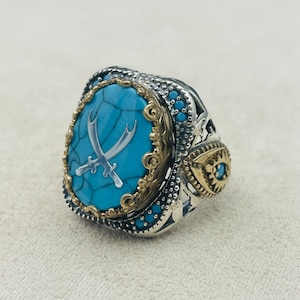 Men&#39;s Blue Turquoise Stone Ring, Double Sword Ring,  925K Sterling Silver Ring, Turkish Handmade Ring, Men Jewelry, Unique Gift Ring