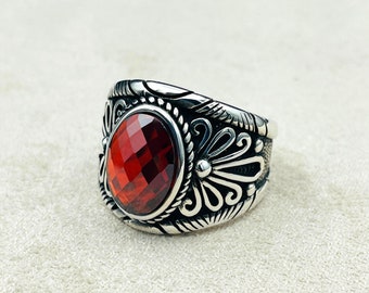 Handmade Red Ruby 925 Sterling Silver Ring: Ottoman Style