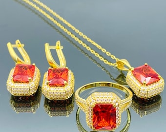 Conjunto de plata de rubí rojo para mujer, conjunto de plata chapada en oro, plata de ley 925, conjunto de mujer de plata hecho a mano, conjunto de joyería de rubí para mujer, regalo de mamá