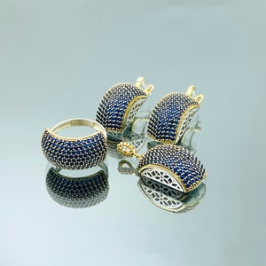 Parure de bijoux pour femme en pierre de saphir bleu, parure de design élégant à la mode, argent sterling 925, fait main en turc, cadeau pour elle, bague cadeau d'anniversaire