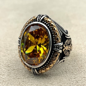 Men&#39;s Yellow Citrine Stone Silver Ring, Double Headed Eagle Ring, Turkish Handmade Silver Ring, 925 Sterling Silver,Silver Jewelry,Gift Ring