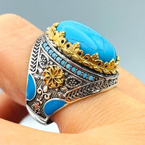 Turquoise Ring Men, Ottoman Style Ring, Turkish Handmade Ring, Oval Cut Blue Stone Ring, Mens Jewelry, 925 Sterling Silver, Christmas Gift