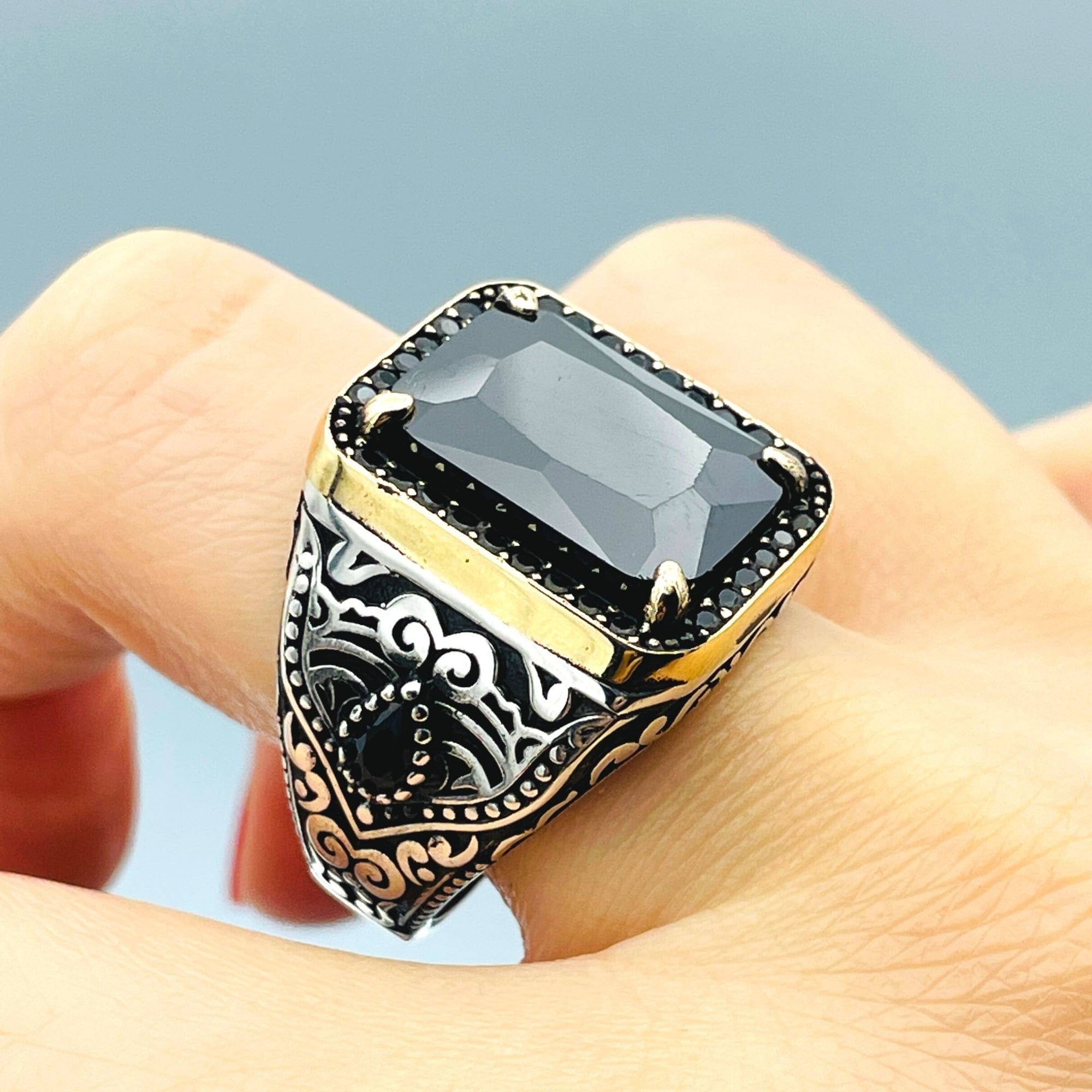 Mens Black Onyx Sterling Silver Ring: Handmade Ottoman Style - Etsy