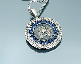 Lion Silver Necklace, Lion Head Sapphire Stone Pendant, Mens And Womens Pendant, 925 Sterling Silver, Foxtail Chain Necklace, Silver Pendant