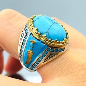 Turquoise Ring Men, Ottoman Style Ring, Turkish Handmade Ring, Oval Cut Blue Stone Ring, Mens Jewelry, 925 Sterling Silver, Christmas Gift