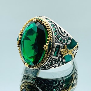 Emerald ring heren, 925 sterlingzilver, Ottomaanse gegraveerde ring, cadeau voor hem, cadeau vader, cadeau voor jubileum, cadeau voor verjaardag man