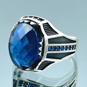 925k Sterling Silver Zircon Ring, Blue Stone Zircon Ring, Turkish Handmade, Gift For Him, Authentic Minimalist Ring, Casual Design Men Ring