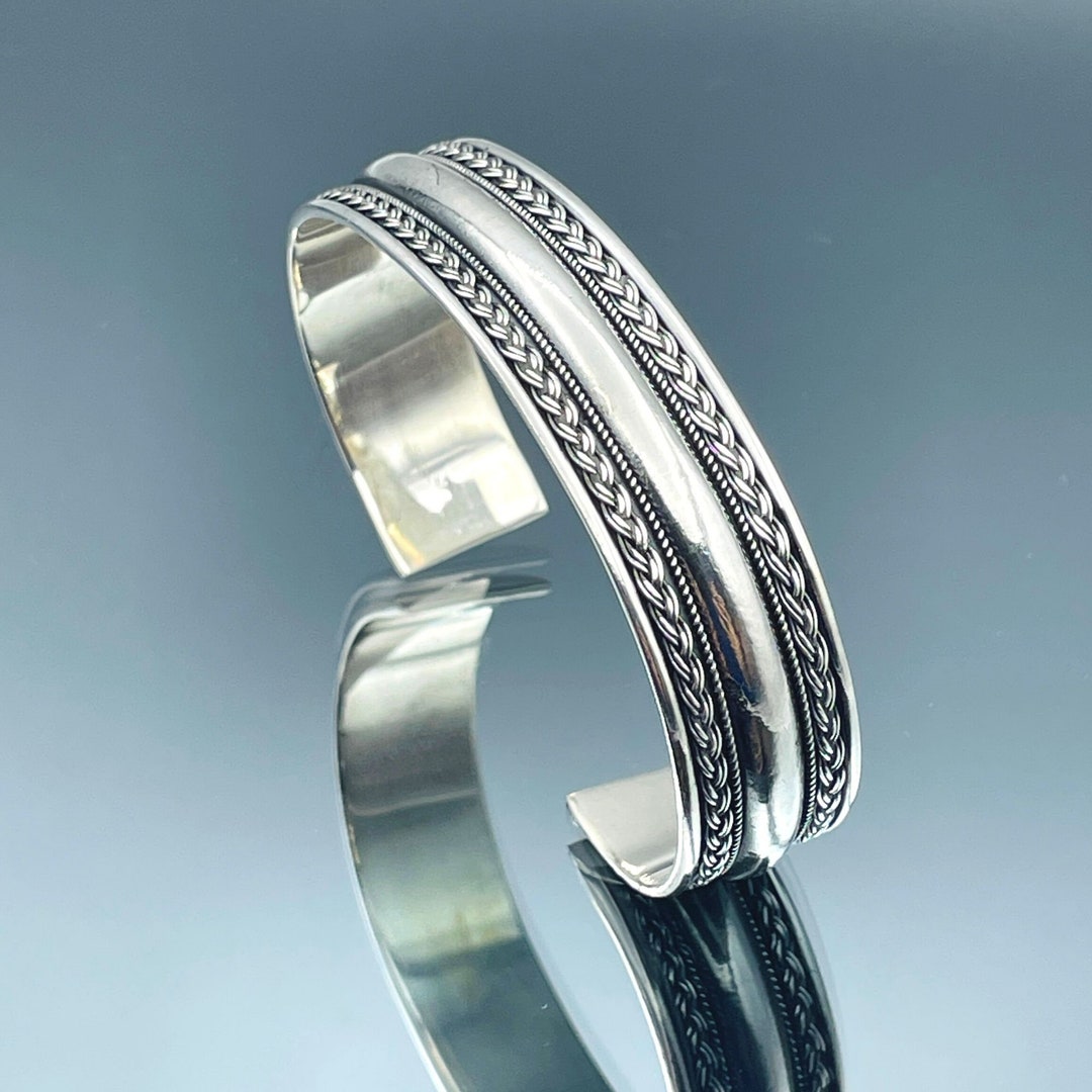 Mens Silver Cuff Bracelet, Adjustable Silver Bracelet, Embroidered — free download