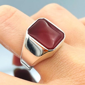 Herren Roter Achat Stein Silber Ring, jemenitischer Aqeeq Stein Ring, quadratischer Stein Ring, türkischer handgefertigter Silberring, 925k Massivsilberring, Unisex