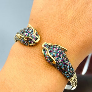 Mixed Color Stone Tiger Model Silver Bracelet, Ottoman Style Turkish Handmade Bracelet, Bangle Cuff, Animal Bracelet, 925 Sterling Silver